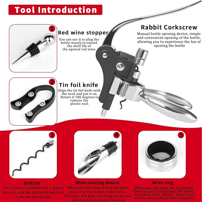 DEMARRE Silver Rabbit Corkscrew Wine Opener, Luxury Wine Bottle Opener, Zinc Alloy Corkscrew Set for All Wines, Includes Opener, Foil Cutter, Wine Stopper Pourer, Drip Ring, Black Gift Box
