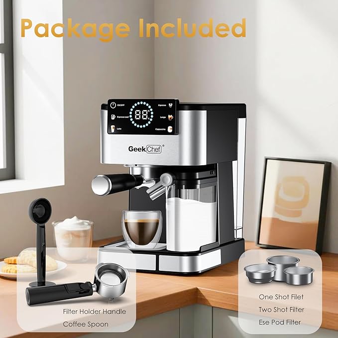Geek Chef Espresso Machine with Milk Frother, 20 Bar Automatic Espresso Maker, Fast Heating Coffee Maker for Cappuccino, Latte & Iced Coffee, Easy to Use & Clean, for Home Barista