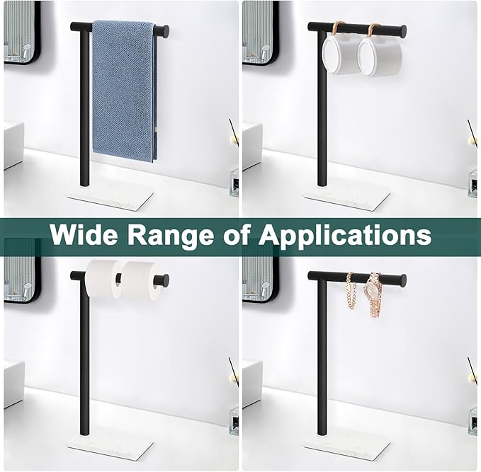 Hand Towel Holder, Hand Towel Stand for Bathroom with Marble Base, 304 Stainless Steel L Shape Hand Towel Rack Bar Standing for Vanity Kitchen Countertop, Matte Black