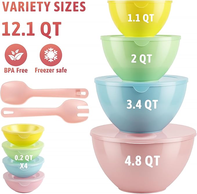 16 Piece Plastic Mixing Bowls with Lids Set - Nesting Bowls Set includes 8 Prep Bowls and 8 Lids, 2-in-1 Spoon-Fork, Large Salad Bowl for Preparing, Serving, and Storing, Dishwasher & Microwave Safe