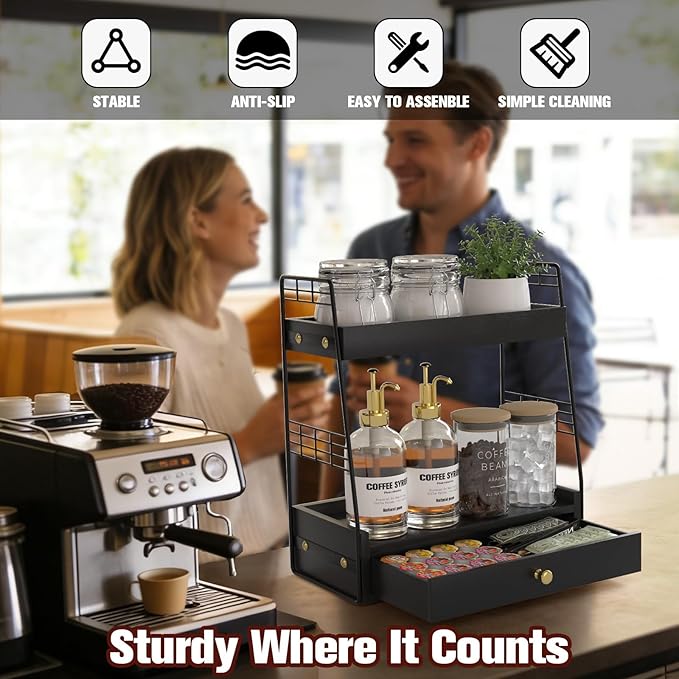 Coffee Bar Station Organizer with Built-In Drawer, 2-Tier Countertop Shelf for Tea Bags, Coffee Accessories, Syrup Bottles (Black)