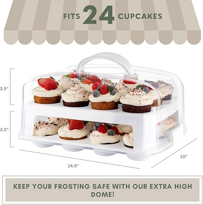 MosJos EXTRA TALL DOME Cupcake Carrier, White Cupcake Holder Carries 24 Cupcake Storage Container, Muffin Traveler Two Tier Stand Reusable Cupcake Box