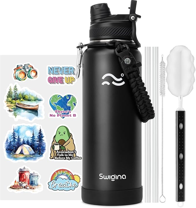 Swigina [2-IN-1 LID] Insulated Water Bottle with Silicone Boot (36hrs Cold/18hrs Hot) - DIY Stickers, Leakproof, BPA Free, 40 oz