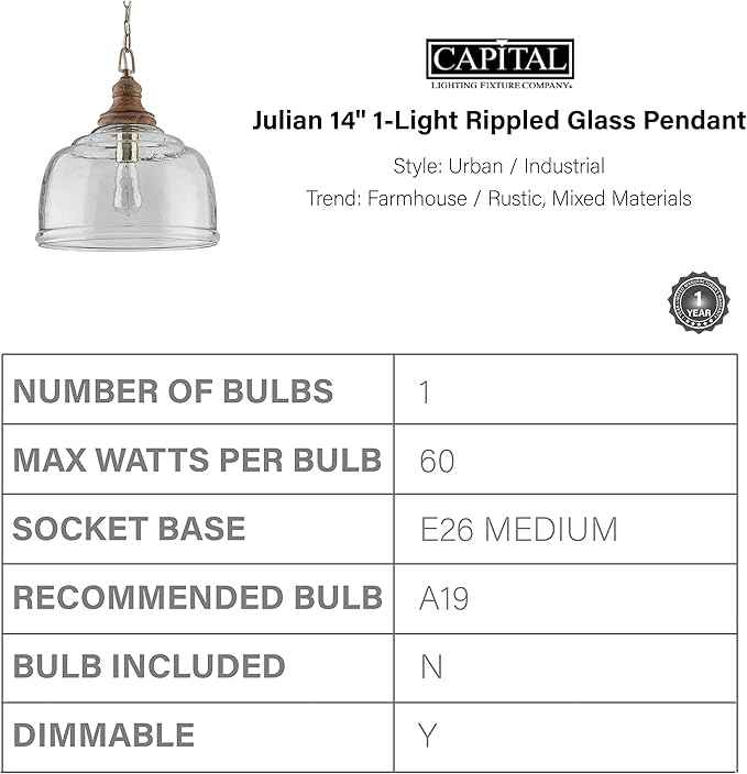Capital Lighting 330318GY Julian Coastal Style Clear Organic Rippled Glass Pendant with Handcrafted Mango Wood Finial, 1-Light 60 Watt, 16" H x 14" W, Grey Wash