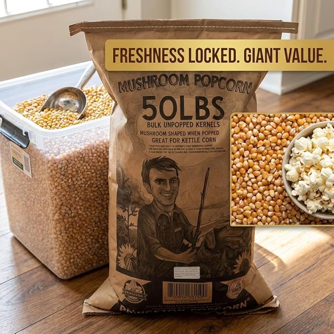 Princeton Popcorn Mushroom Popcorn Kernels Extra Large - Easy-Eating, Farmer Direct Non-GMO Gluten Free Bulk Popping Corn, Popcorn Kernels for Oil Pop or Hot Air Popper or Stovetop Bulk 50lb Bag