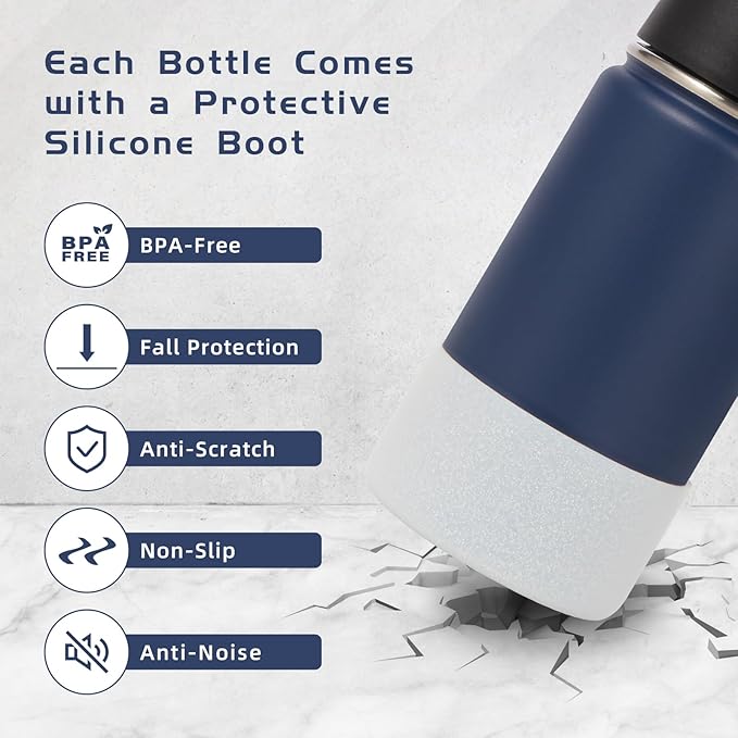 Volhoply 14oz Water Bottle with Straw Lid and Silicone Boot Bulk 6 Pack,Stainless Steel Insulated Cups for Boys & Girls Multipack,Double Wall Vacuum Leakproof KIds Bottles(Navy,6)