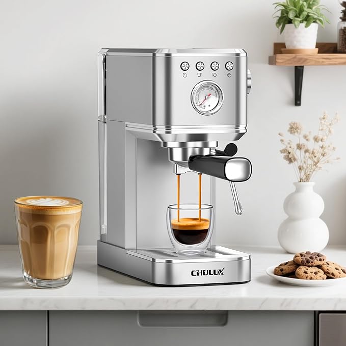 CHULUX Slim Espresso Machine with Milk Frother, 20 Bar Professional Italian Pump Espresso Coffee Machine for Home Cappuccino & Latte Maker, Stainless Steel, Silver
