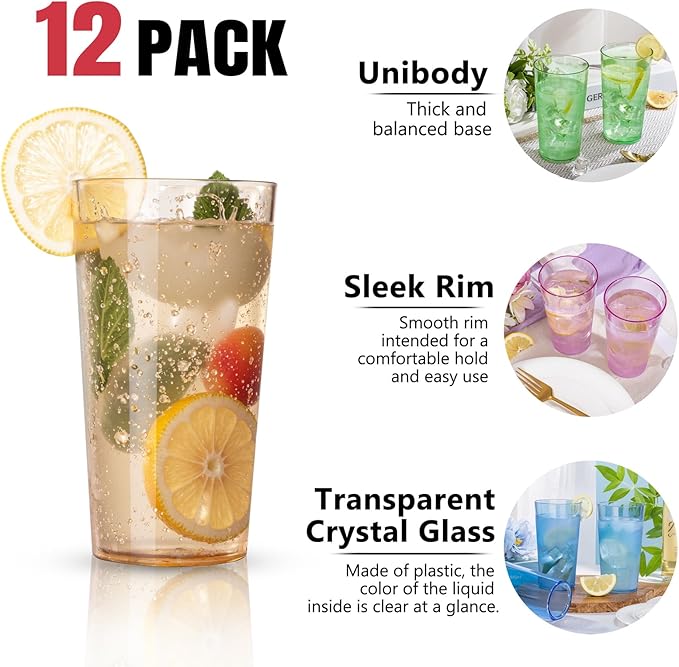 Liacere Color Plastic Drinking Glasses - (Set of 12) 18oz Color Plastic Glasses Colors Reusable，Kitchen Water Glasses Cup, Bar Tumbler Glassware Set for Beer, Juice, Cocktail, Whiskey, Milk