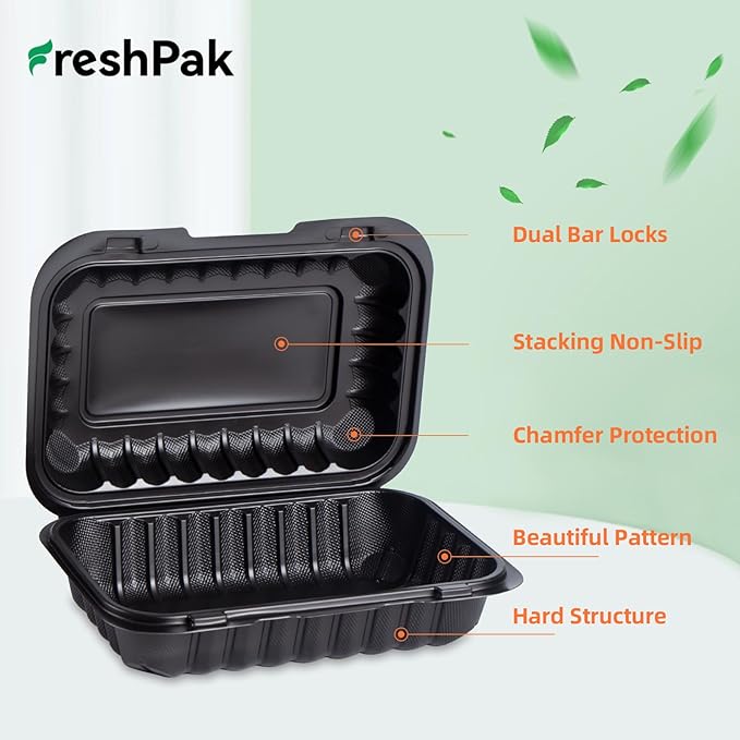 Plastic Containers Mineral Filled PP - 50 Pack 9x6 27 oz Shrink Wrap BPA Free | Stackable Meal Prep Clamshell Food Container | Reusable Microwave Safe Leftovers Takeout | Catering To Go Box