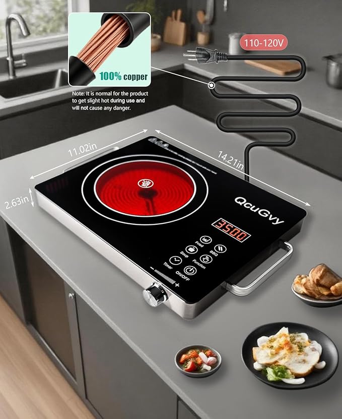 14" Portable Infrared Burner 3500 Electri Burner with 3 Hours Timer-Electric Hot Plate Touch Control Panel Adjustable Heating Power Glass Plate Electric Cooktop for Cooking (Black)