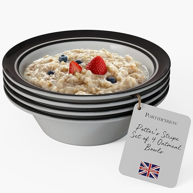 Portmeirion Potter's Stripe Oatmeal Bowls (Set of 4) - Elegant Earthenware for Breakfast, Lunch & Dessert - Microwave & Dishwasher Safe Bowls, Handcrafted Stackable Bowl Collection (Black Stripe)