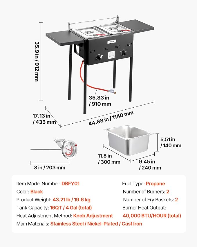 VEVOR Outdoor Propane Deep Fryer, Double Burners Commercial Fryer, 16 Qt Stainless Steel Cooker with Removable Baskets & Lids & Tanks, Oil Fryer Cart with Thermometer & Regulator, For Outdoor Cooking