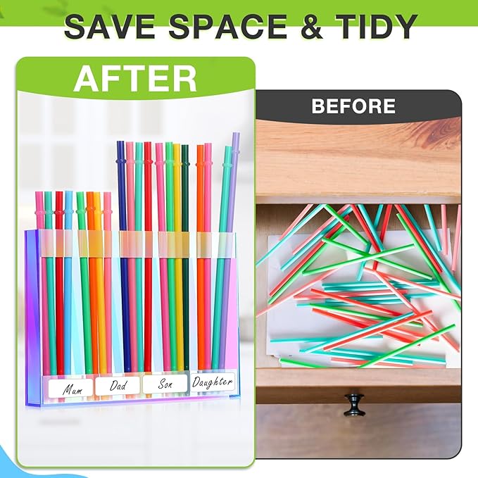 Qinyoung Acrylic Straw Holder for Cabinet Door with Double Sided Adhesive Tape Reusable Straw Organizer Tumbler Storage Kitchen Accessories Container for Counter Cupboard(Classic,Large,Iridescent)