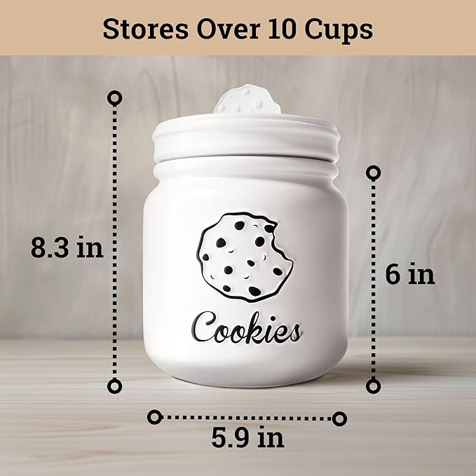 HB Design Co. Cookie Jar with Airtight Lid - 6" D x 8" H Matte White Ceramic Cookie Jar with Rubber Lined Lid - Large Cookie Jars with Lids Airtight - Farmhouse Cookies Jar for Kitchen Counter