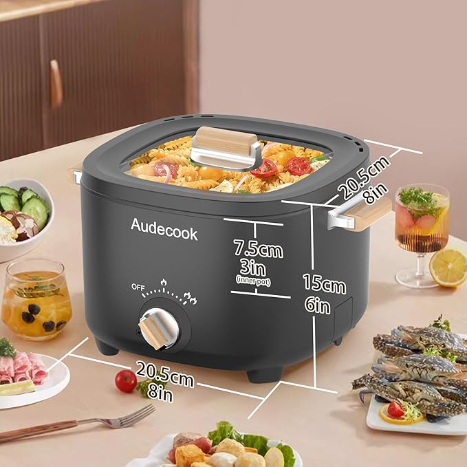 Audecook Hot Pot Electric, 2.5L Portable Nonstick Multicooker for 1-3 Persons, Honeycomb Texture Travel Electric Skillet with Dual Power Temperature Control for Steak/Egg/Noodles/Oatmeal (Black)