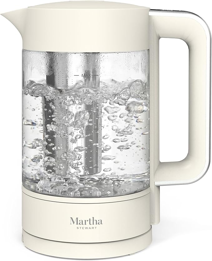 Martha Stewart  Electric Kettle with Removable Stainless Steel Tea Infuser, Glass Carafe 1.7L (7 Cups), Hot Water Boiler, 4 Presets, Keep Warm & Auto Shut-Off, Cordless 360° Swivel Base, Linen White