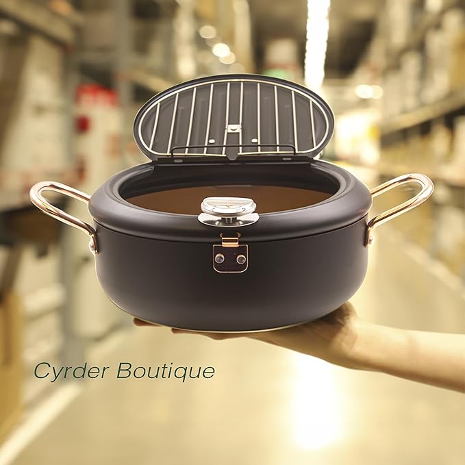 Deep Fryer Pot, 4.3L/11 Inch Japanese Tempura Frying Pot with Fahrenheit Thermometer, Nonstick Carbon Steel Oil Fryer, for Tempura/Frech/Fish/Chicken Fries, Easy Clean, Black