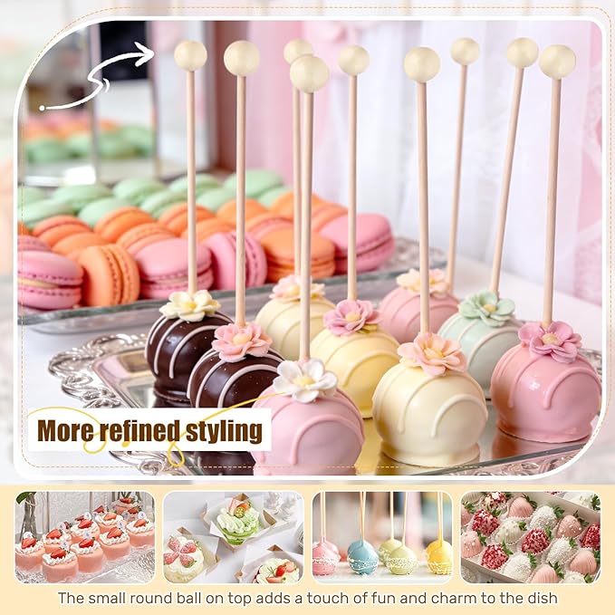 100PCS Rock Candy Sticks with Ball Tips,6 Inch Wood Swizzles Sticks,Natural Wood Cake & Drink Stirrer Sticks for Lollipop Coffee Appetizer Skewers (Natural wood)