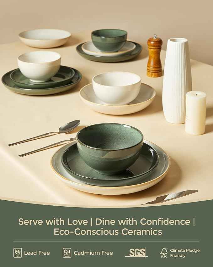 Stoneware Dinnerware Sets for 6, 18 Piece Microwave Safe Plate and Bowl Set, Easy to Clean & Durable Dishes Sets for Small to Medium Families, Forest Green