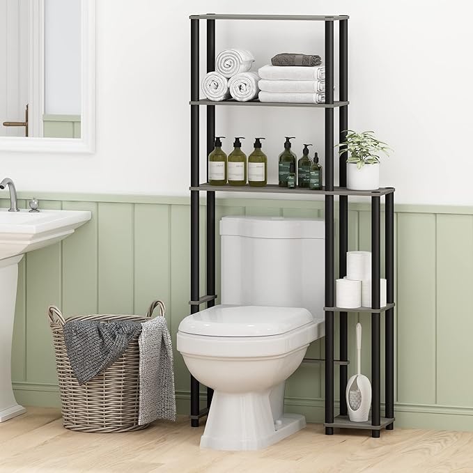Furinno Turn-N-Tube Over The Toilet Storage, 5 Shelves Bathroom Organizer Space Saver Rack, French Oak Grey/Black