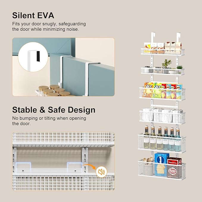 Bunoxea 6-Tier Over The Door Pantry Organizer,Hanging Spice Rack,Over Door Adjustable Basket with Handle,Pantry Organization And Storage, Laundry Room,Bathroom,Large Capacity,D5.3xW15.7xH60.9in