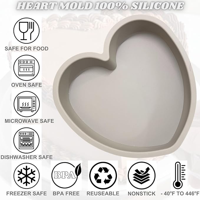 Heart Shaped Cake Pans 8 Inch – Set of 2 Nonstick Silicone Heart Cake Pan for Baking, Oven & Microwave Safe Molds – Durable, Easy-Clean Matte Surface - Grade Novelty Shaped Cake Pans (Gray)