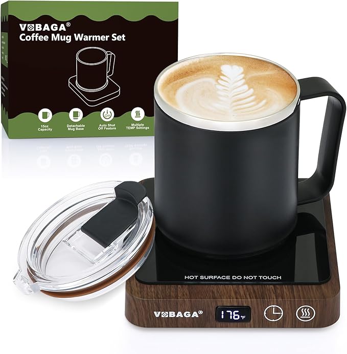 VOBAGA Coffee Mug Warmer &15oz Mug Set for Desk, Smart Coffee Cup Warmer for Office Home with 5 Temp Settings, Coffee Warmer with 2-12H Auto Shut Off, for Candles Coffee Cocoa Milk, Coffee Accessories