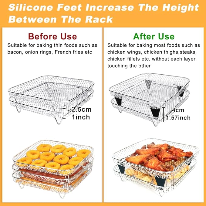 BYKITCHEN 7 Inch Air Fryer Rack Fit for Ninja Crispi/Ninja Pro 5QT/ Cosori 5QT/ Chefman 5-6QT Airfryer &More, Air Fryer Accessories, 3pcs Stackable Stainless Steel Airfryer Basket with Silicon Feet