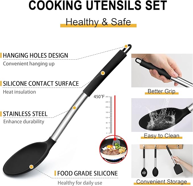 Silicone Kitchen Utensils Set, E-far 30-Piece Cooking Utensils Set with Holder, Heat Resistant Kitchen Spatulas Turner Tong Spoon Whisk Ladle for Nonstick Cookware, Stainless Steel Handle (Black)