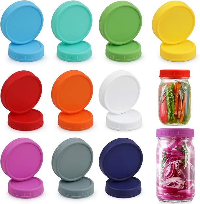 AOZITA 10 WIDE Mouth & 10 REGULAR Mouth Mason Jar Lids - 20 Pack Food Grade Plastic Mason Jar Caps for Ball, Kerr and More Canning Jars - Leakproof & Dishwasher Safe - Multicolor