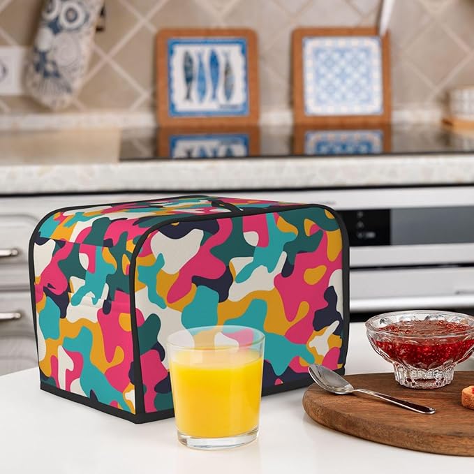 Colorful Camouflage Pattern Toaster Cover 2 Slice Long Slot, Camo Bread Maker Cover Washable Dust Protection Kitchen Small Appliance Toaster Oven Cover for 2 Slice