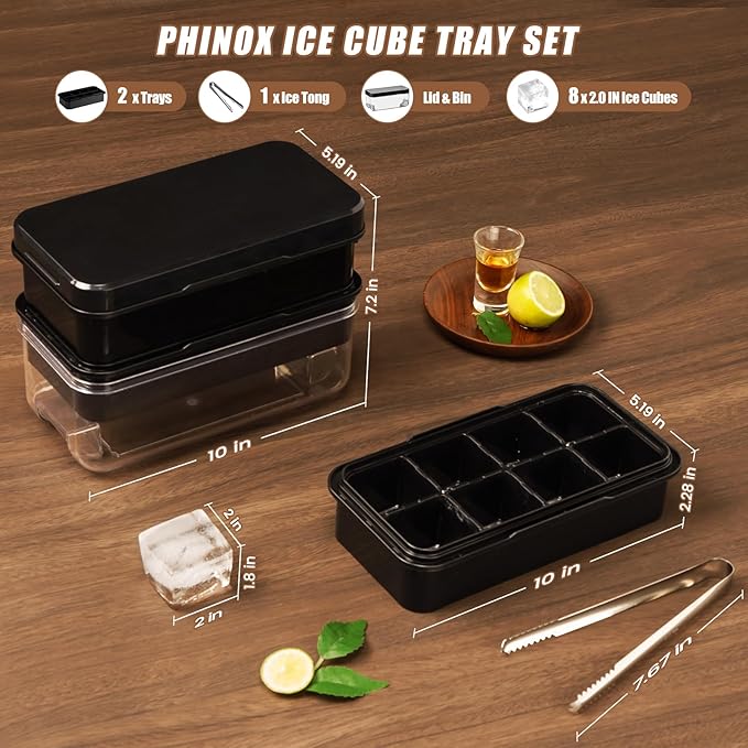 PHINOX Ice Cube Tray, Easy Release Ice Cube Trays with Lid and bin, Ideal for Cocktail Whiskey