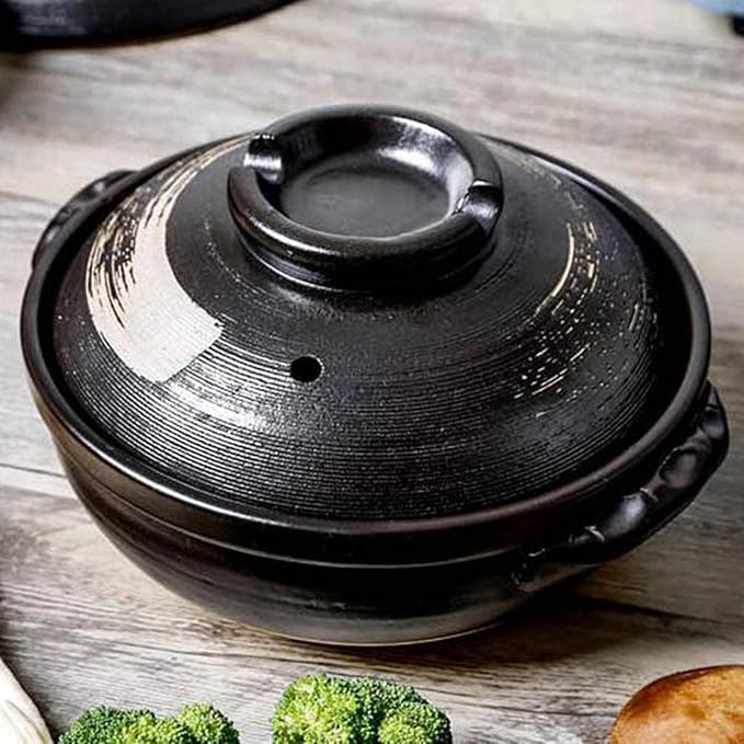 Round Casserole Dish Heat-Resistant Ceramic Casserole With Lid Soup Pot With Soup Pot Oil-Free Saucepan Japanese Donabe Hot Pot With Brushstroke Saucepan With Slow Stew W,B-1.7L