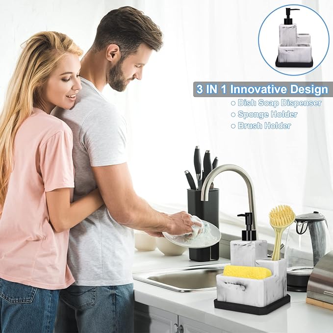 Soap Dispenser with Sponge Holder and Brush Holder,White Marble 3 in 1 Liquid Hand Dish Soap Dispenser and Sponge Holder Sink Caddy Organizer for Kitchen Bathroom,Removable Bottom Tray