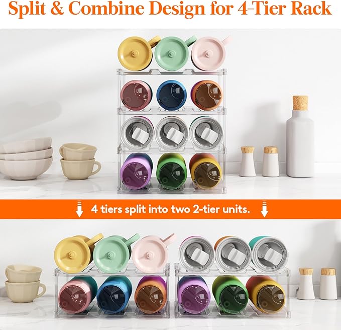 Lifewit Stackable Bottle Storage Organizer, Clear Freestanding Wine Holder for Cabinet, Large Slot Water Bottle Tumbler Cup Organizer for Pantry, Plastic Wine Rack for Fridge Cellar, 4Tier Hold 12