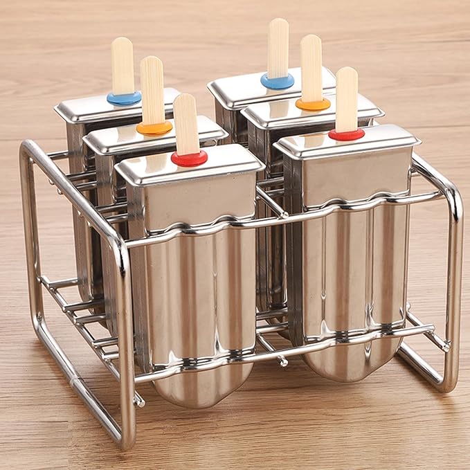 Stainless Steel Popsicle Molds, Set of 6 Ice Cream Maker, Ice Pop Molds With Holder, Metal Reusable Homemade Popsicle Molds with Sticks and Bags (Round Head, with Slot)