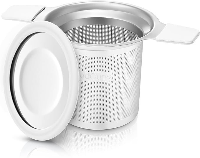 Stainless Steel Tea Infuser for Loose Leaf Tea – Extra Fine Mesh Strainer with Heat Proof Double Handles & Lid, Reusable Filter Fits Mugs, Cups & Teapots, White