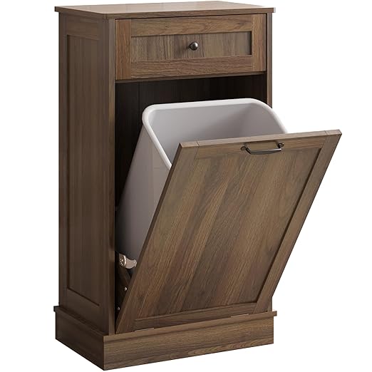 KIGOTY Tilt Out Trash Can Cabinet Trash Bin Cabinet with Hideaway Drawer Hidden Wooden Kitchen Garbage Can, Pet Proof Trash Can Holder for Kitchen (Brown)