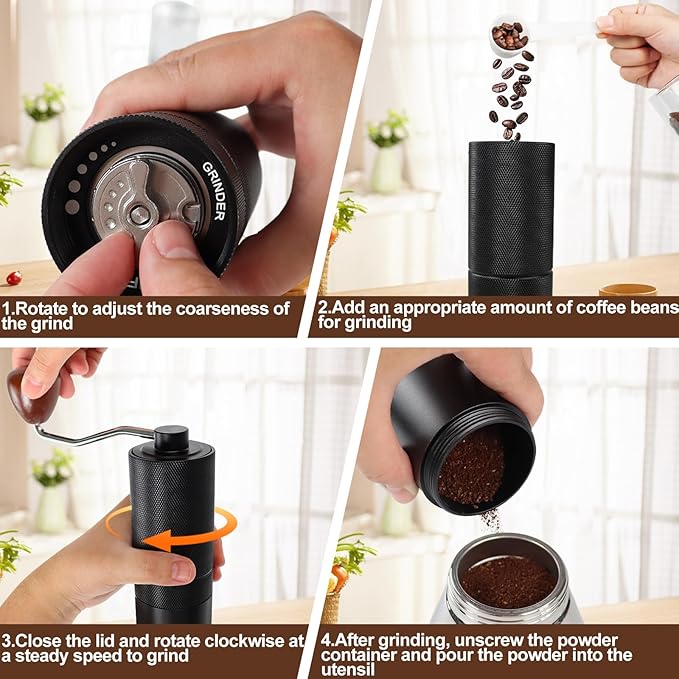 Manual Coffee Grinder Gift Box Detachable Stainless Steel Conical Burr Aluminum Coffee Bean Grinder with 25 Grinding Settings Cleaning Brush Grindable Espresso Moka Pot for Camping Black