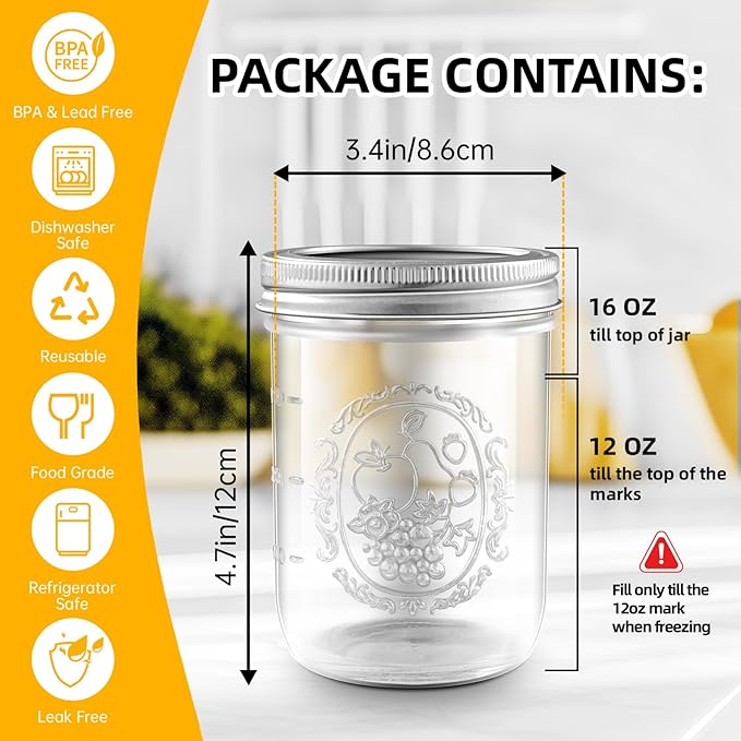 Miuyhji Mason Jars 16 oz with Lids, 9 Pcs Wide Mouth Glass Canning Jars with Airtight Lids and Bands, Overnight Oats Containers for Pickling, Freezing, Preserving, Meal Prep, Jar Décor