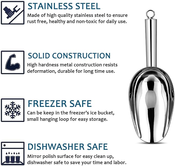E-far 6 Ounce Ice Scoop Set of 2, Small Stainless Steel Scoops for Ice Cube/Candy/Flour/Sugar, Metal Utility Scoops for Canisters, Baking, Kitchen Pantry, Rust Free & Dishwasher Safe
