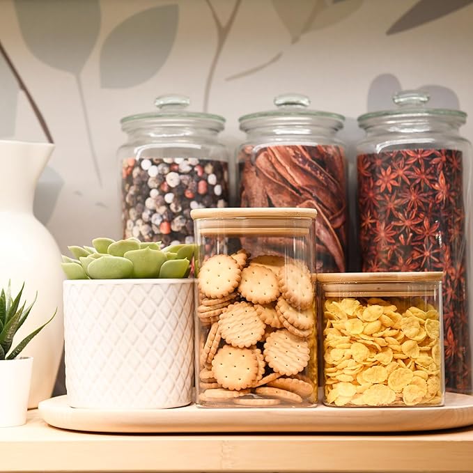 SHOWIN Glass Food Storage Jars Square 24oz, 4 Pack Glass Jars With Bamboo Lids, Kitchen Storage Containers For Spice, Candy, Cookie, Storage For Pantry Organizers