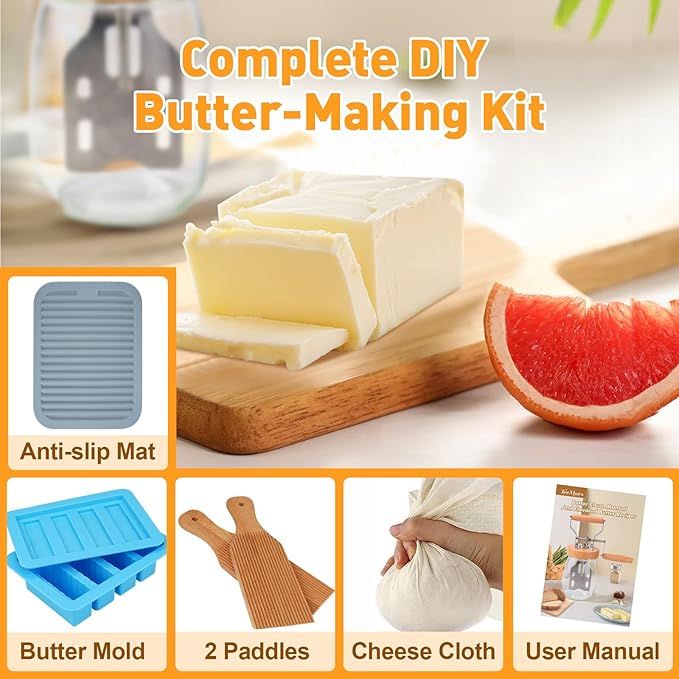 TeeMars Butter Churner - Upgraded Hand Crank Mason Jar Churn Kit, 34oz Manual Maker with 14 Recipe, Paddle, Mold with Lid, Cheese Cloth & Anti-slip Mat, Homemade Butter in 15Min