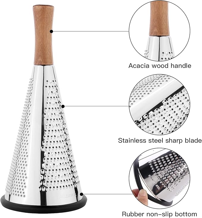 Cone Cheese Grater with Handle - Stainless Steel Triple Function Wood Handle Parmesan Shaver Non-Slip Rubber Bottom Hand Held Multifunction Vegetables Cheese Grater with container (M: 9.4" X 4.3")