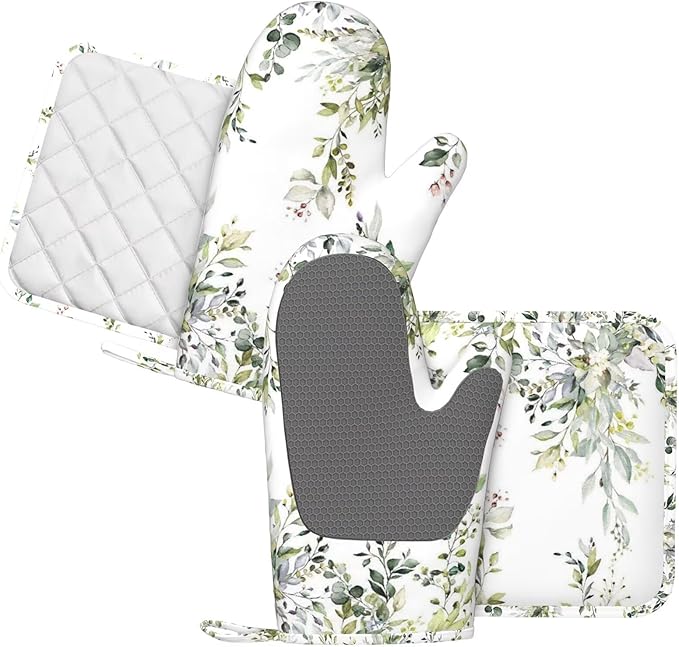 Sage Green Eucalyptus Oven Mitts and Pot Holders Set, 4pcs Silicone Watercolor Butterfly Leaves Oven Glove for Kitchen Heat Resistant Oven Mitts and Potholders Non-Slip for Cooking