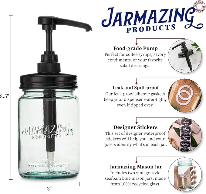 Jarmazing Products Vintage Blue Glass Mason Jar Syrup and Condiment Dispenser – Two-Pack