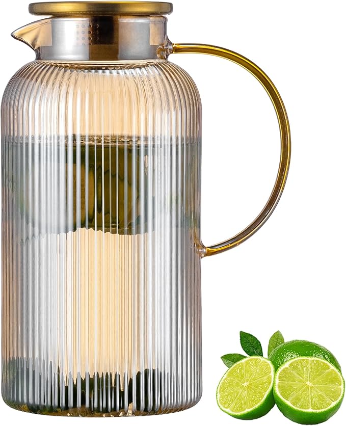 Buaic Glass Pitcher with Lid, 68 oz/ 2 Liter Amber Classic Vertical Stripes Water Pitcher,Glass Water Carafe for Cold Brew, Coffee, Lemonade, Iced Tea,Beverage, Heat Resistant Water Glass Jug