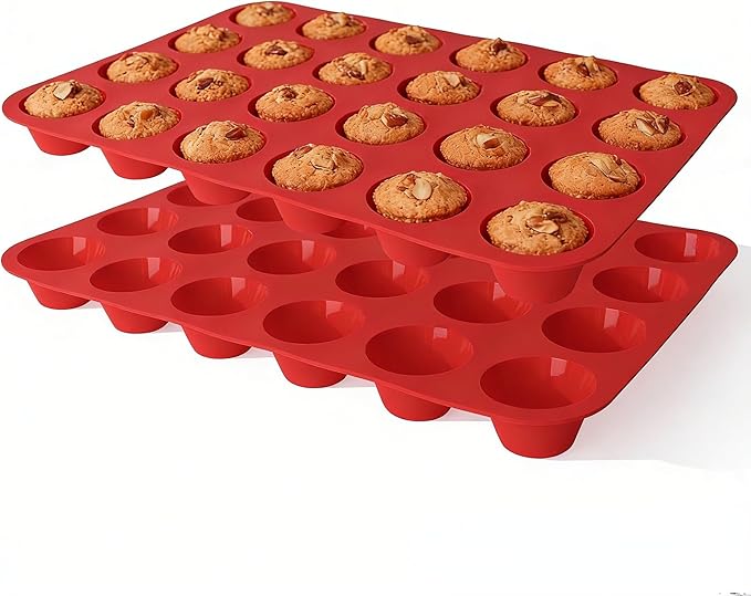 Silicone Muffin Pans for Baking Nonstick 2 Pcs, 24 Cup Mini Cupcake Pan, Food-Grade Silicone Baking Molds for Cupcakes, Freezer, Red