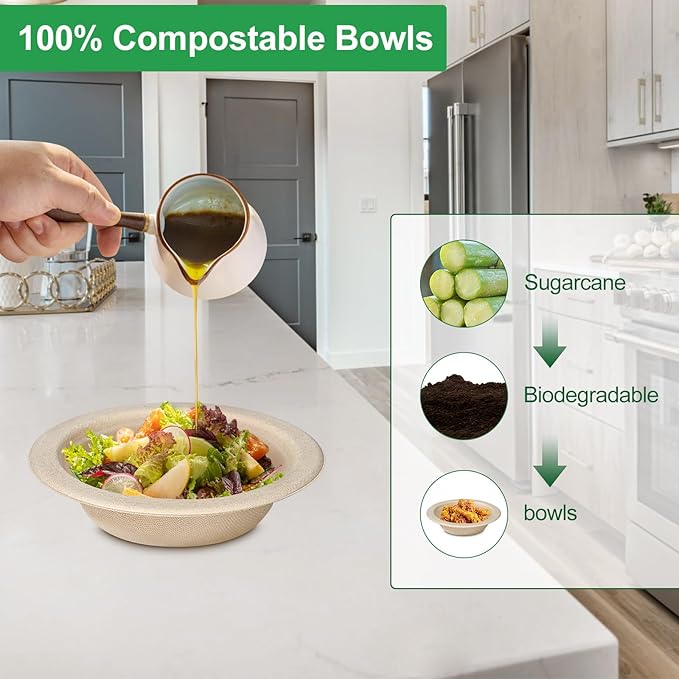 Compostable Paper Bowls 12 oz, 200 Pack Bowls Disposable Heavy Duty, Microwavable Eco-Friendly Biodegradable Bowl for Snacks, Milk, Cereals, Soup, Natural Brown