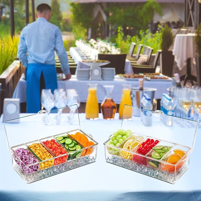 INNOVATIVE LIFE Bar Serving Tray on Ice with 5 Compartments Container, Fruit Trays for Serving, Garnish Platters with Lid, Clear